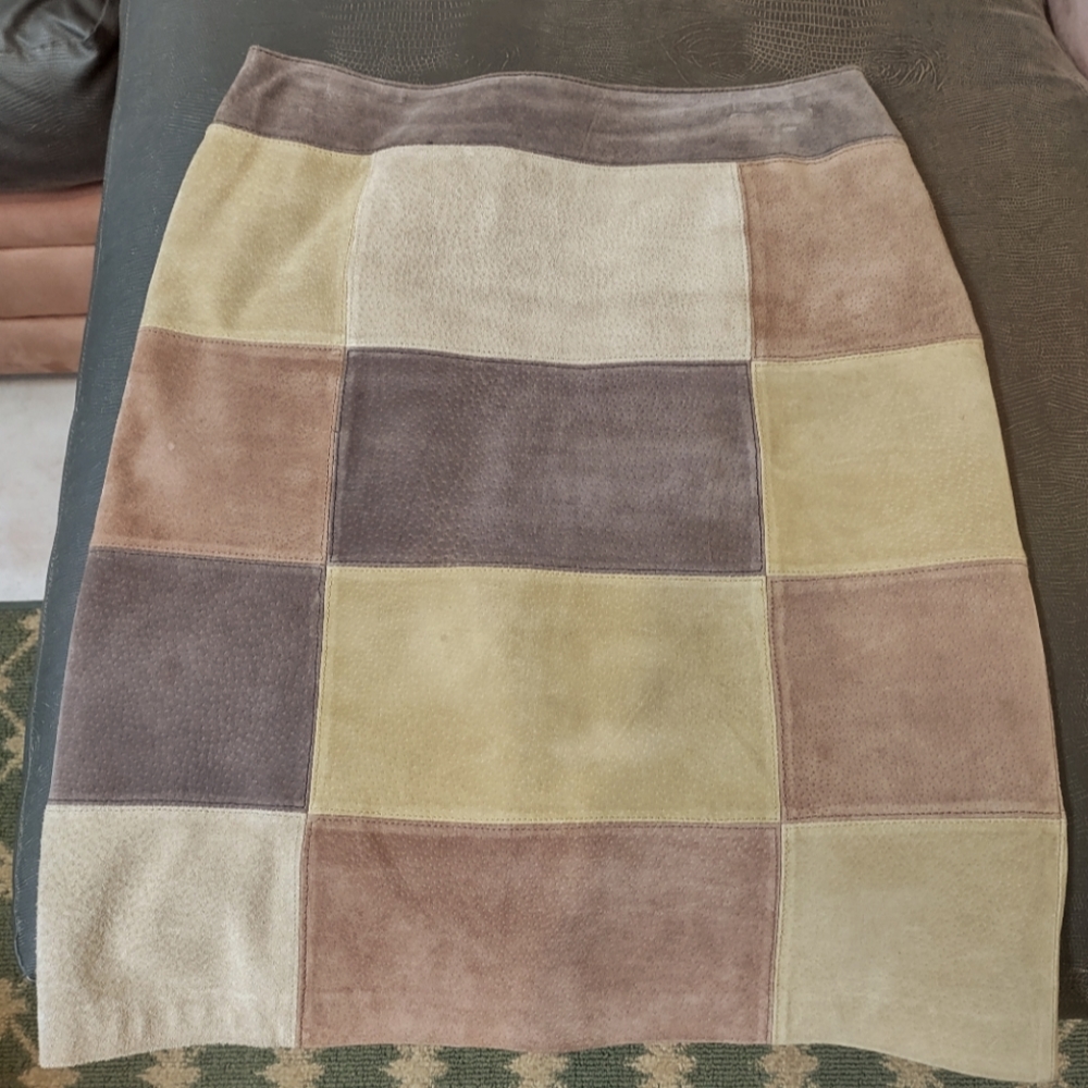 Unique Genuine Suede Leather Color Block Lined Skirt SZ 5/6